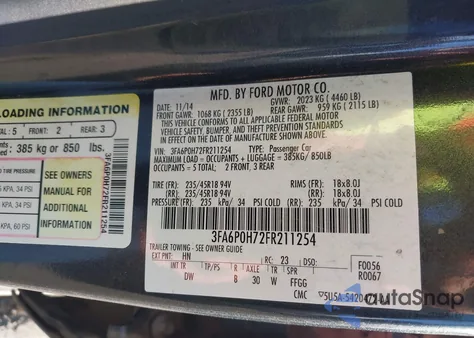 2015 Ford Fusion Se z USA, uszkodzony, nr VIN 3FA6P0H72FR211254